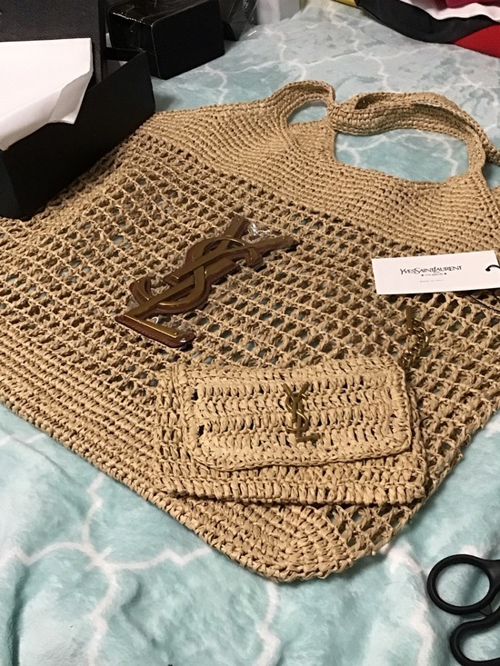 Yves Saint Laurent Handbags - Yves Saint Laurent Natural Beige Crochet Tote with Chain Pouch and Gold YSL Logo
